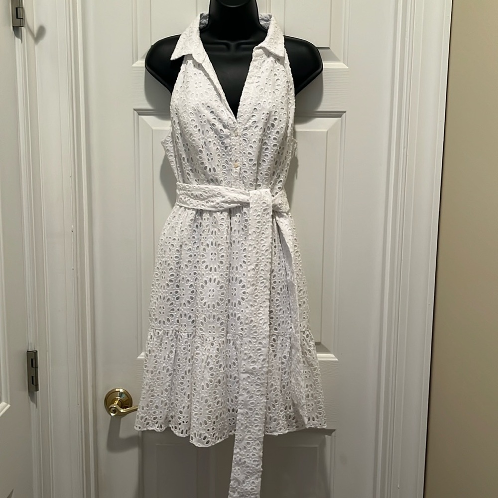 Lilly Pulitzer Trisha white Eyelet Lace shirt dress with ruffle hem. Size 6.